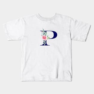 Watercolor Floral Letter P in Navy Kids T-Shirt